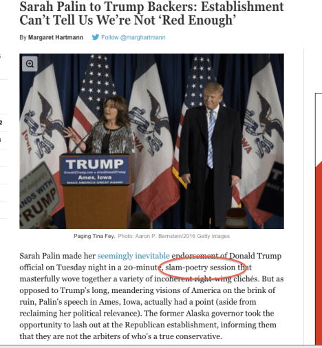 Excerpt from NY Mag article "Sarah Palin to Trump Backers: Establishment Can't Tell Us We're Not "Red Enough"" http://nymag.com/daily/intelligencer/2016/01/palin-trump-endorsement.html#